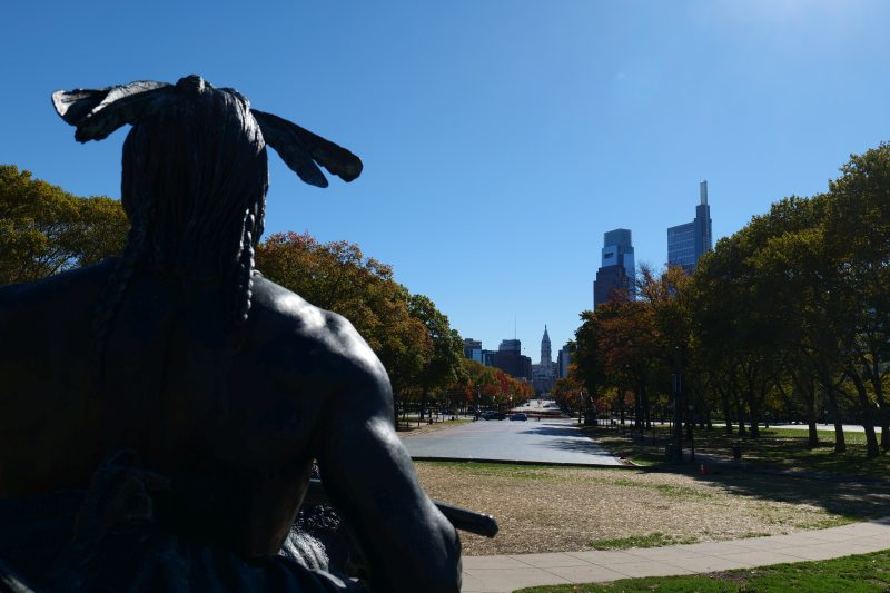 Statue of an Indian looking toward city hall in Philadelphia